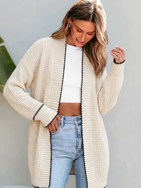 Cream Open-Front Knit Cardigan Sweater